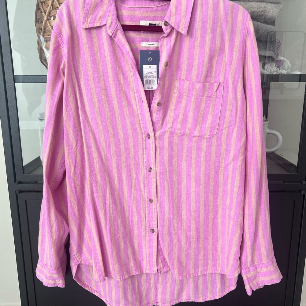 Pink and Yellow Striped Button-Up Shirt
